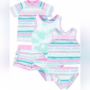 Eddie BauerGirls Swim Set,Mix and Match Rashguard Top+shorts+ Reversable Tankini